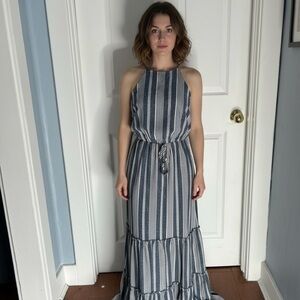 ➕Unbranded Striped Denim Blue and White Halter Maxi Dress